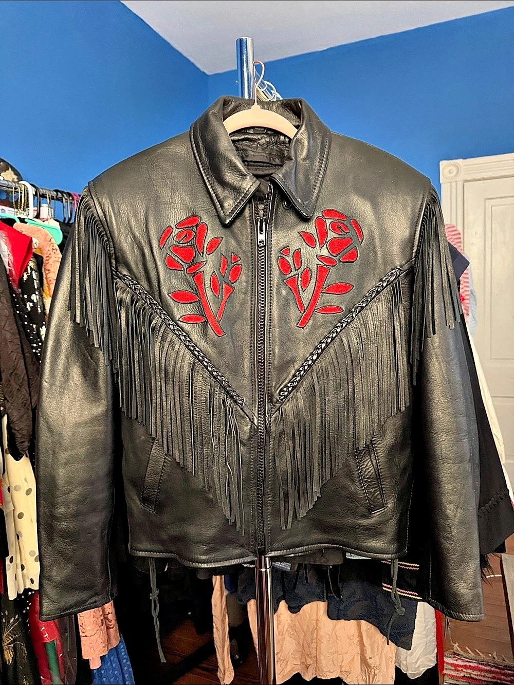 Leather King Women's Red Rose Fringe Leather Jacket Black & Red